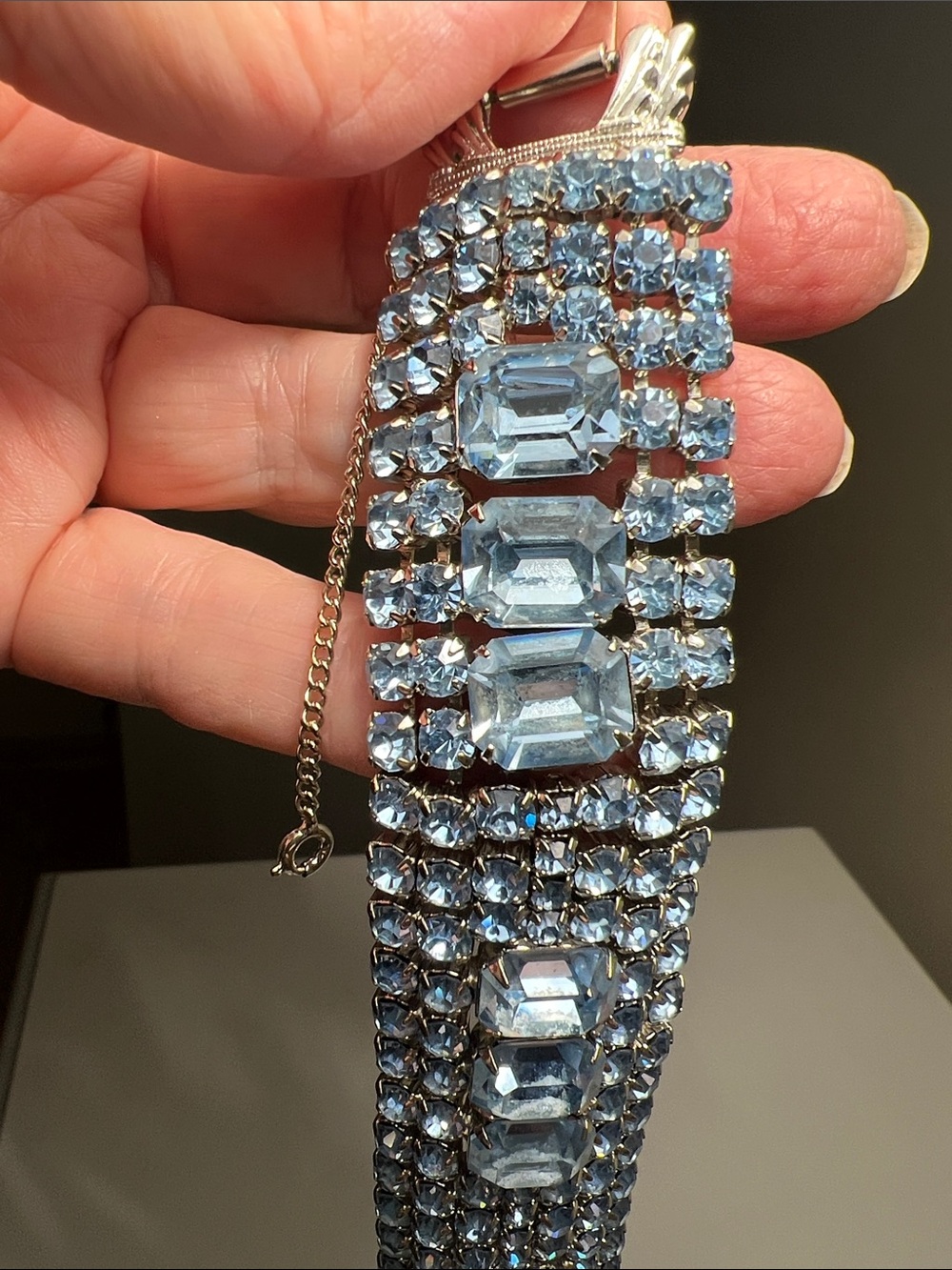 Vintage Brilliant Blue Crystal & Silver Bracelet with Safety Chain - Picture 9 of 16